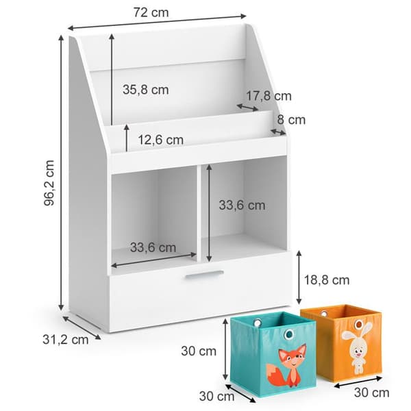 Vicco Luigi barnbokhylla, Vit, 72 x 96,2 cm med låda och 2 hopfällbara lådor opt.6