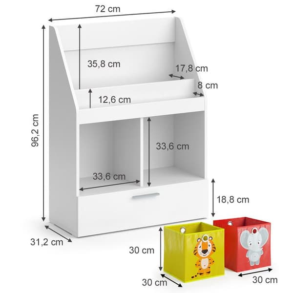 Vicco Luigi barnbokhylla, Vit, 72 x 96,2 cm med låda och 2 hopfällbara lådor opt.5