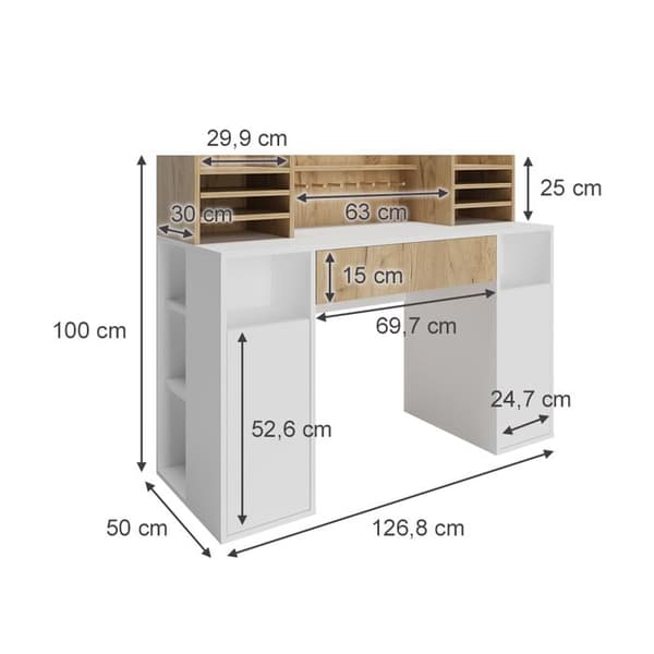 Vicco skrivbord, Vit/Sonoma, 126,8 x 50 cm XL med hyllor
