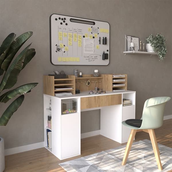 Vicco skrivbord, Vit/Sonoma, 126,8 x 50 cm XL med hyllor