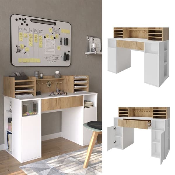 Vicco skrivbord, Vit/Sonoma, 126,8 x 50 cm XL med hyllor
