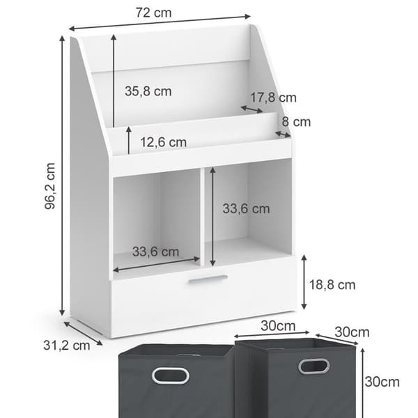 Vicco Luigi bokhylla, Vit, 72 x 96,2 cm med vikbara lådor