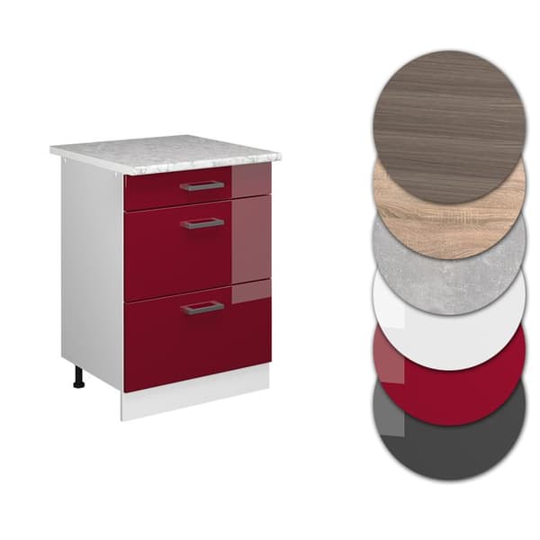 R-Line universell basenhet, 60 cm med lådor, vinröd Högblank, Vicco