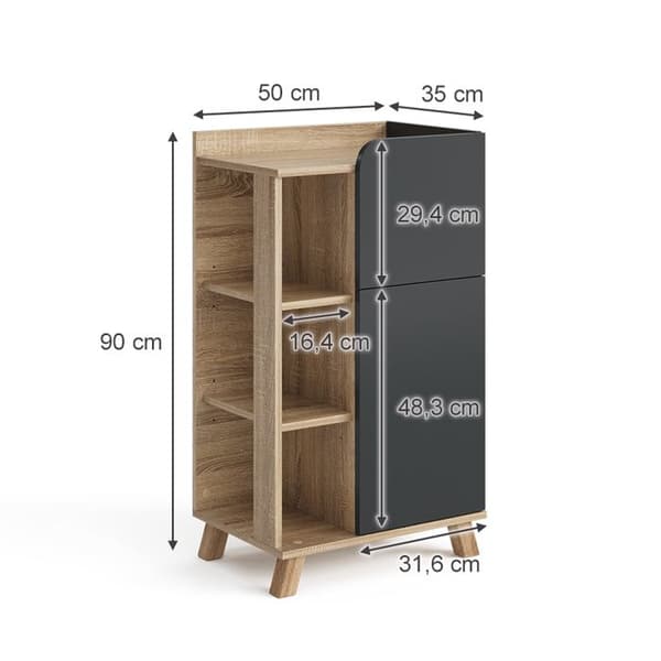 Armoire basse Karen, 50x90cm med dörr och låda, Antracit, Sonoma, Vicco