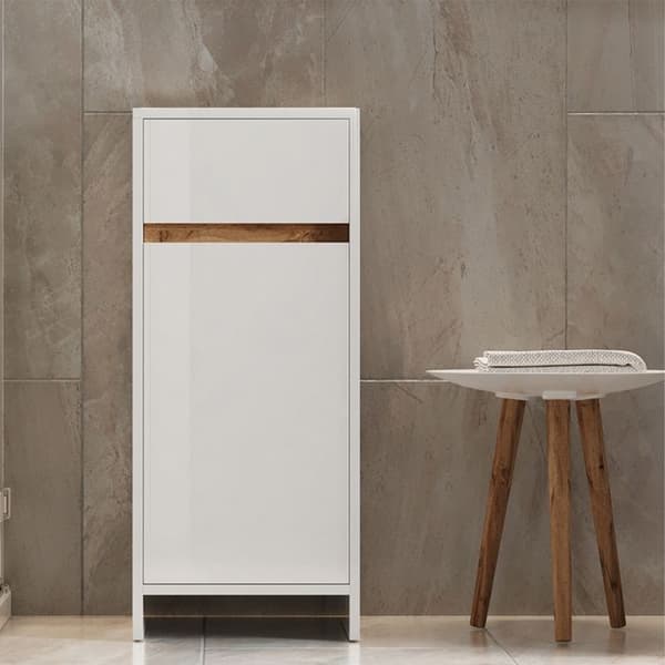 Armoire Midischrank Detmold, 35x82cm med dörr och låda, Vit glänsande/ Guldfärgad ek, Guldfärgad kraftig ek, Vicco