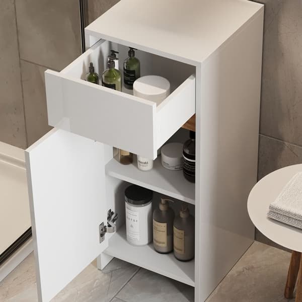 Armoire Midischrank Detmold, 35x82cm med dörr och låda, Vit glänsande/ Guldfärgad ek, Guldfärgad kraftig ek, Vicco