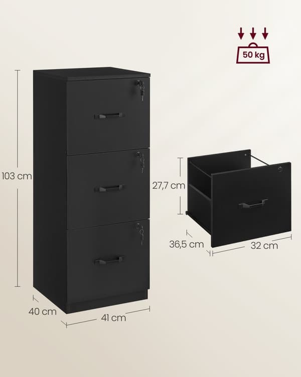 Rootz Arkivskab - Blæk sort - Spånplade - 40 cm x 41 cm x 103 cm - 23 kg - Kontoropbevaring - 50 kg Kapacitet