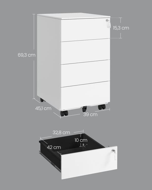 Rootz Steel 4 lådor rullbehållare - Skåp - Organizer - Molnvit - 45,1 x 39 x 69,3 cm - 20 kg - Max belastning 15 kg - Tillbehörspaket - Instruktioner