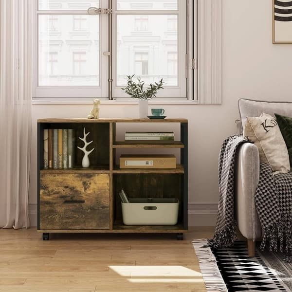 Rootz-arkistokaappi laatikolla - Vintage Ruskea - Toimistokaappi - Pyörivä arkistokaappi - E1 Puumateriaali - 80cm x 65cm x 40cm