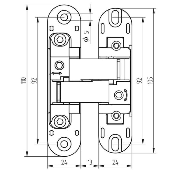 Osynliga gångjärn för dörrar, belastning på 60 kg, 180° öppning, zamak, metallgrå aluminium.