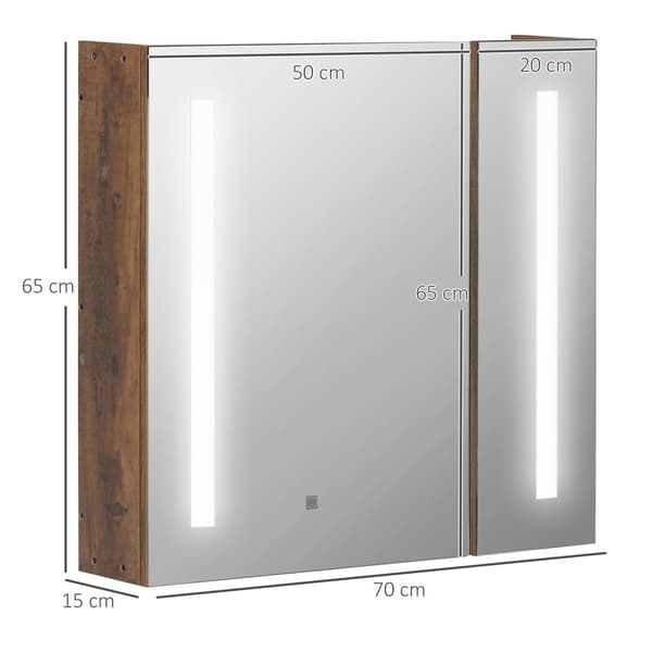 Rootzin seinälle asennettu peilikaappi - LED -kylpyhuoneen säilytys - Valaistu turhamaisuus - Säädettävät hyllyt - 70 x 15 x 65 cm puun ulkoasu