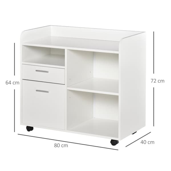 Rootz -tulostinjalusta - rullattava toimistojärjestäjä - mobiilivarasto - Säädettävät hyllyt - 80L x 40W x 72H cm, valkoinen puu