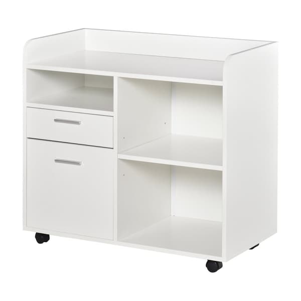Rootz -tulostinjalusta - rullattava toimistojärjestäjä - mobiilivarasto - Säädettävät hyllyt - 80L x 40W x 72H cm, valkoinen puu