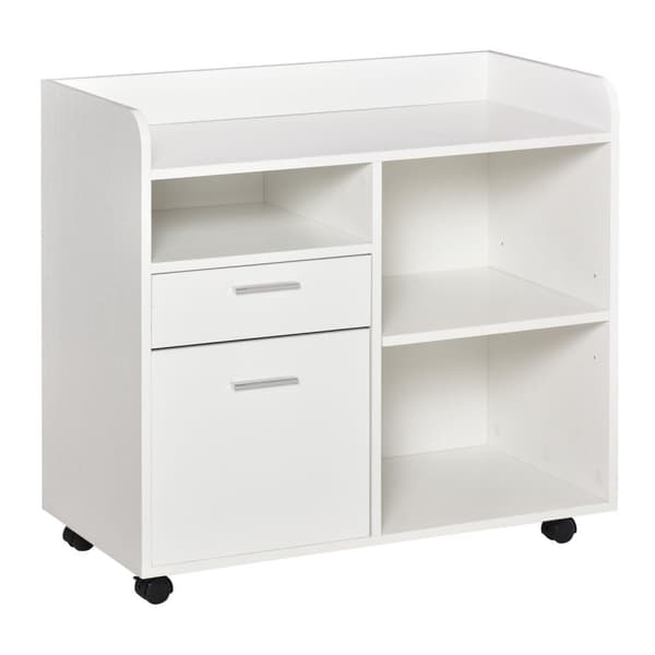 Rootz -tulostinjalusta - rullattava toimistojärjestäjä - mobiilivarasto - Säädettävät hyllyt - 80L x 40W x 72H cm, valkoinen puu