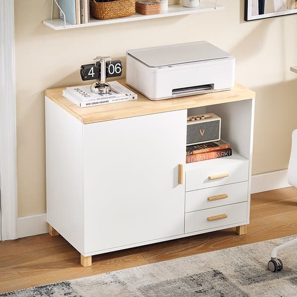 Rootz Office Storage -kaappi - arkistokaappi - puinen järjestäjä - valkoinen ja ruskea ulkonäkö - 90x75x45cm - MDF & kumipuu