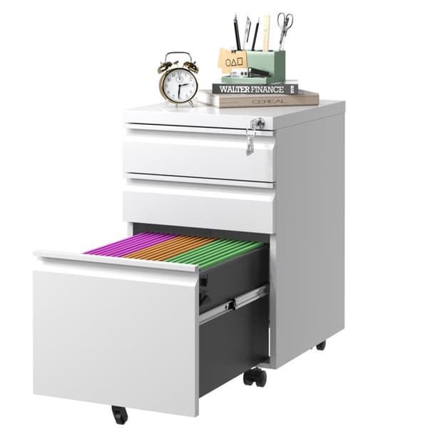 3-skuffer mobilt agteropbevaringsskab med lås – Metal opbevaringsbokse til hjemmekontoret – til Letter, Legal og A4, hvid, H60 cm × B37,3 cm × T44 cm
