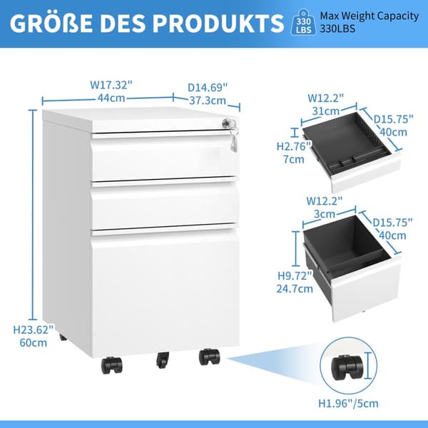 3-skuffer mobilt agteropbevaringsskab med lås – Metal opbevaringsbokse til hjemmekontoret – til Letter, Legal og A4, hvid, H60 cm × B37,3 cm × T44 cm
