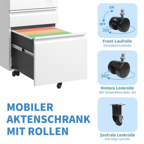 3-skuffer mobilt agteropbevaringsskab med lås – Metal opbevaringsbokse til hjemmekontoret – til Letter, Legal og A4, hvid, H60 cm × B37,3 cm × T44 cm