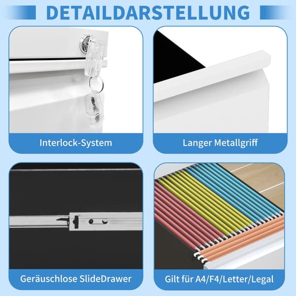 3-skuffer mobilt agteropbevaringsskab med lås – Metal opbevaringsbokse til hjemmekontoret – til Letter, Legal og A4, hvid, H60 cm × B37,3 cm × T44 cm