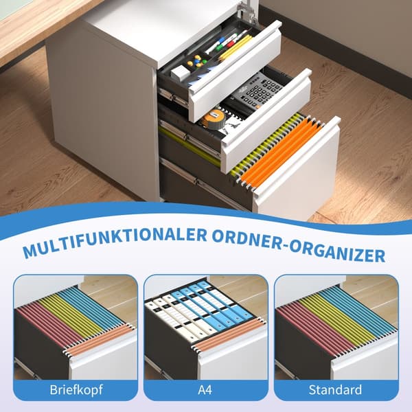 3-skuffer mobilt agteropbevaringsskab med lås – Metal opbevaringsbokse til hjemmekontoret – til Letter, Legal og A4, hvid, H60 cm × B37,3 cm × T44 cm