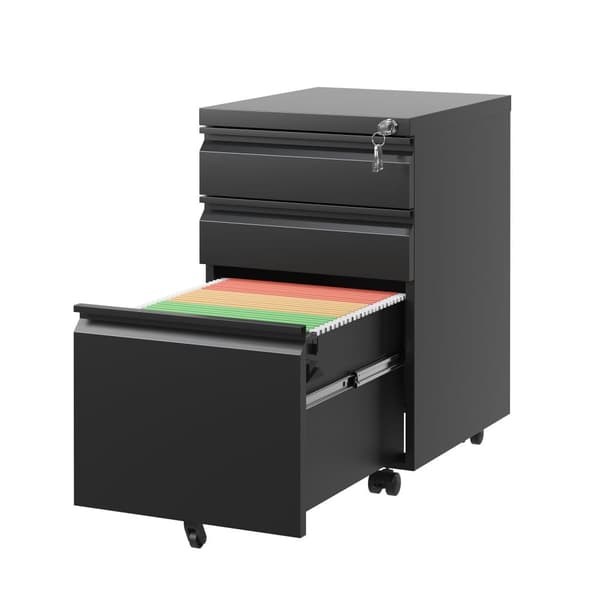 3-lådor Mobilt Aktenlåda med Lås - Metall Förvaringslådor för Hemkontor - För Letter, Legal och A4 Doku­ment, Svart, H60 cm × B37,3 cm × T44 cm