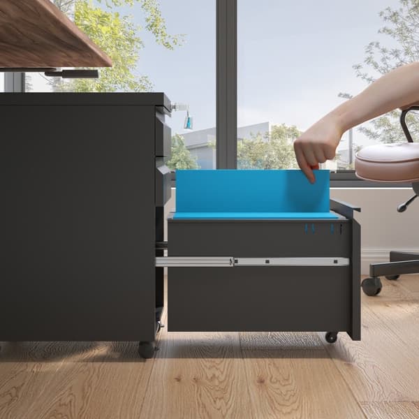 3-lådor Mobilt Aktenlåda med Lås - Metall Förvaringslådor för Hemkontor - För Letter, Legal och A4 Doku­ment, Svart, H60 cm × B37,3 cm × T44 cm