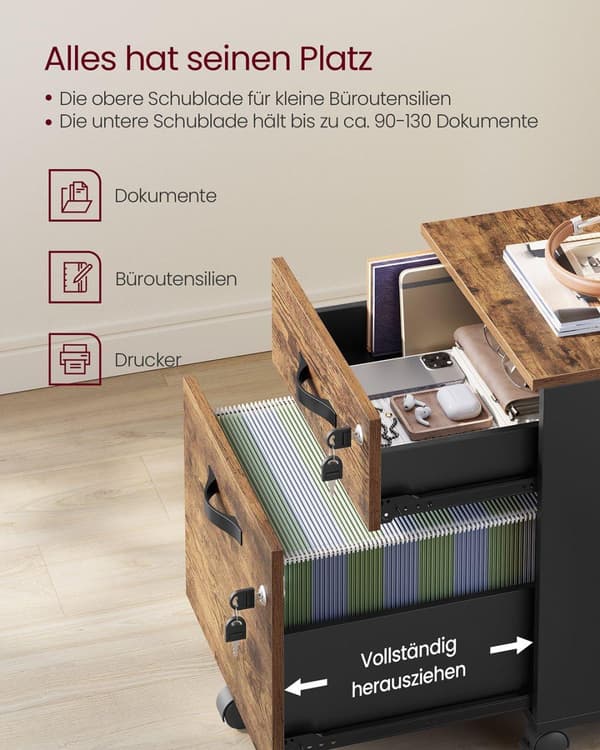 Rullekabinet, VASAGLE LCD022K01, 43,8x40x54,4 cm, Mørkebrun
