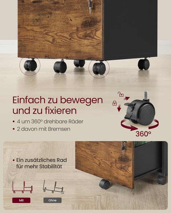 Rullekabinet, VASAGLE LCD022K01, 43,8x40x54,4 cm, Mørkebrun