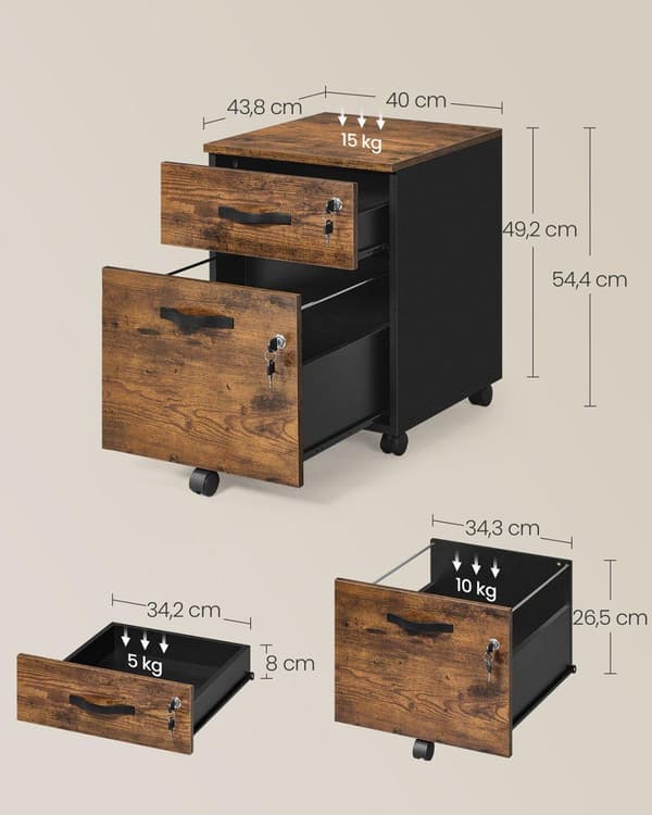 Rullekabinet, VASAGLE LCD022K01, 43,8x40x54,4 cm, Mørkebrun