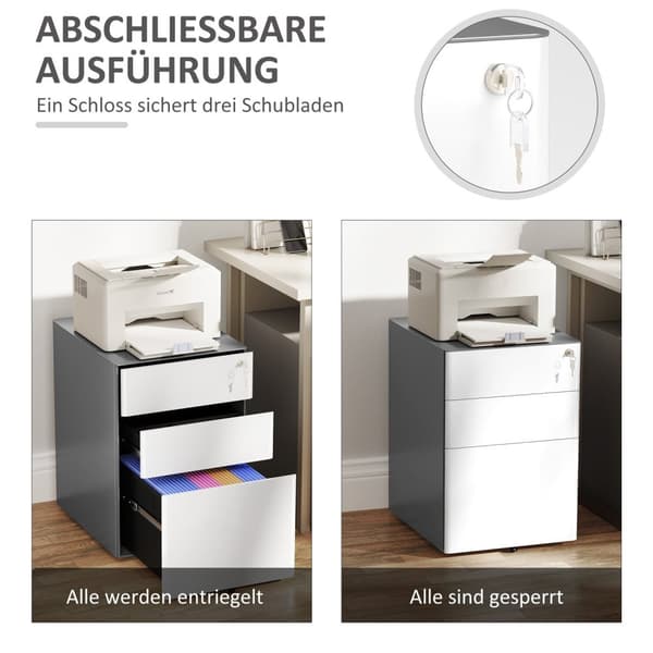 Rootz File Cabinet - Roll Container - Office Storage - Secure & Durable - Steel Housing - 39x48x59 cm, hvid og grå