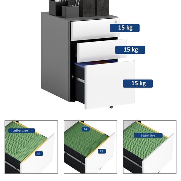 Rootz File Cabinet - Roll Container - Office Storage - Secure & Durable - Steel Housing - 39x48x59 cm, hvid og grå