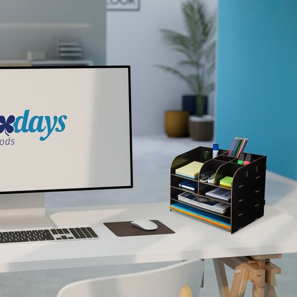 Relaxdays skrivbord organisatör med dokumenthyllor, 10 fack, HxLxP: 27,5 x 32,5 x 25 cm, förvaring MDF, svart