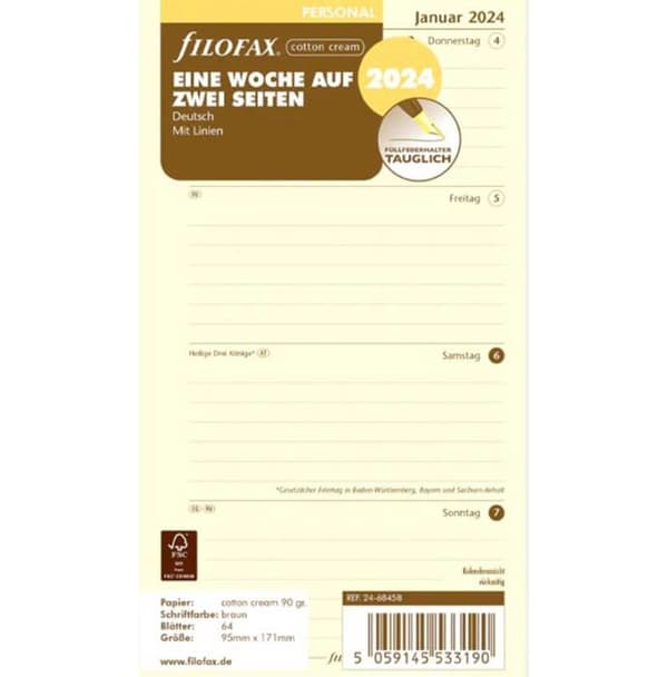 Filofax - 000024-68458 - Personlig kalender 2024, 1 vecka på 2 sidor, i bomull, färg crème (tyska)