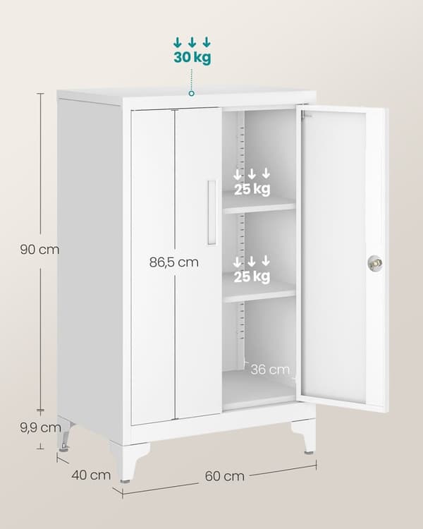 Rootz Lock Cabinet - Sikker opbevaring - Stålskaber - Nøgle Låsbar - Hvid - 40 cm x 60 cm x 90 cm