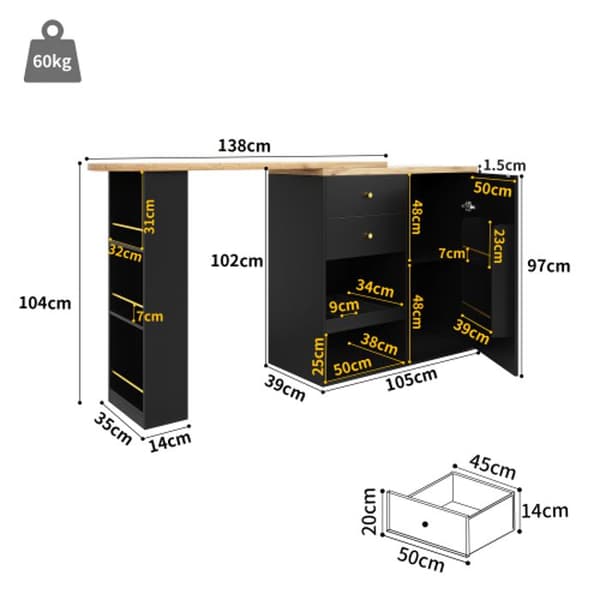 360° vridbar bar (105 x 39 x 102 cm) med 2 lådor och skåp med skjutdörrar, 3 nivåer av öppet förvaringsutrymme.