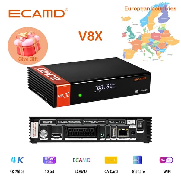 Satellite TV-modtager, DVB-S/S2/S2X understøttelse, indbygget 2.4G WIFI,ecamd v8x