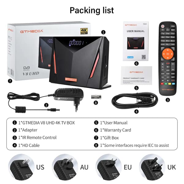 Satelliittivastaanotin, 4K Ultra HD, älykortinlukija, GTMEDIA V8 UHD, EU-liitin
