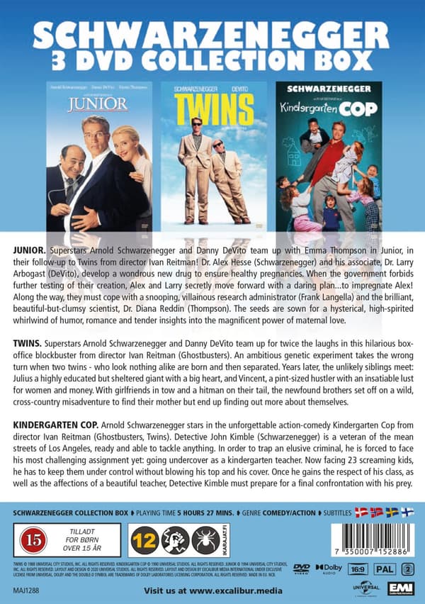 Schwarzenegger x 3:  Junior + Twins +Dagissnuten (3 DVD)