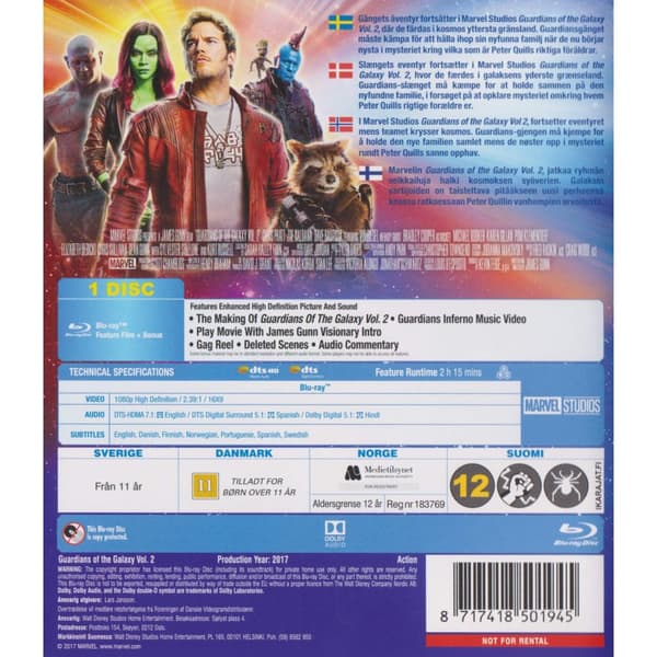 Guardians of the Galaxy Vol 2 Blu-Ray (Brukt)