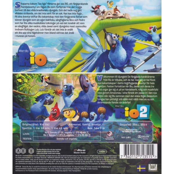 Rio & Rio 2 Blu-Ray (Begagnad)