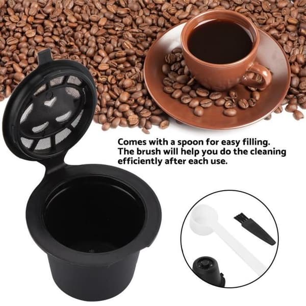 4 st återfyllbart kaffekapselfilter av plast och rostfritt stål med rengöringsborste