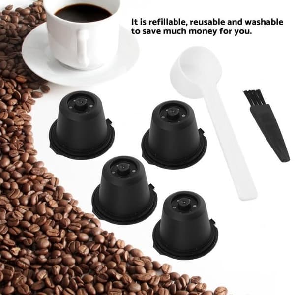 Fihero 4 st återfyllbart kaffekapselfilter av plast och rostfritt stål med rengöringsborste