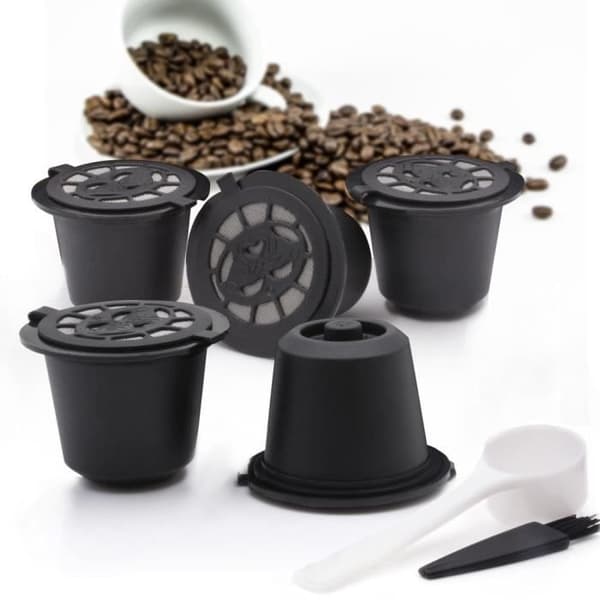Återanvändbara Nespresso-kaffekapslar, med sked, borste, påfyllningsbara svarta kaffekapslar, med F