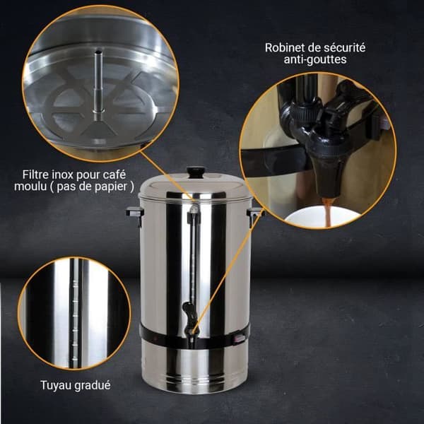 Perkolator 15 Liter - L2G - Kromat Stål - Droppfri Krane - Nivåindikator - 100 Koppar