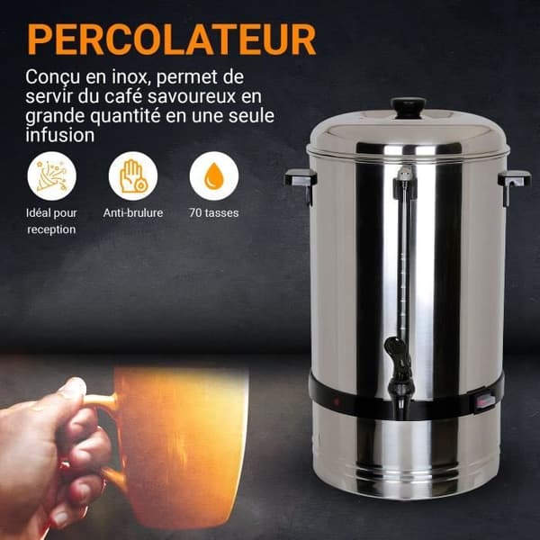 Perkolator 15 Liter - L2G - Kromat Stål - Droppfri Krane - Nivåindikator - 100 Koppar