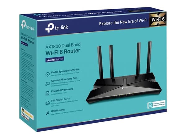 TP-Link Archer AX20 - Trådløs ruter 4-portssvitsj - 1GbE - Wi-Fi 6 - Dobbeltbånd