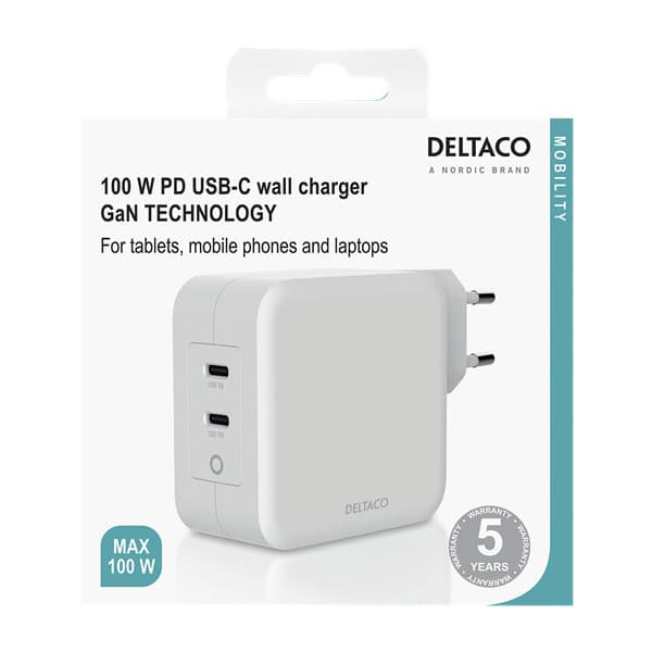 Deltaco USBC-GAN03 100 W -strømforsyning, USB-C PD, hvid