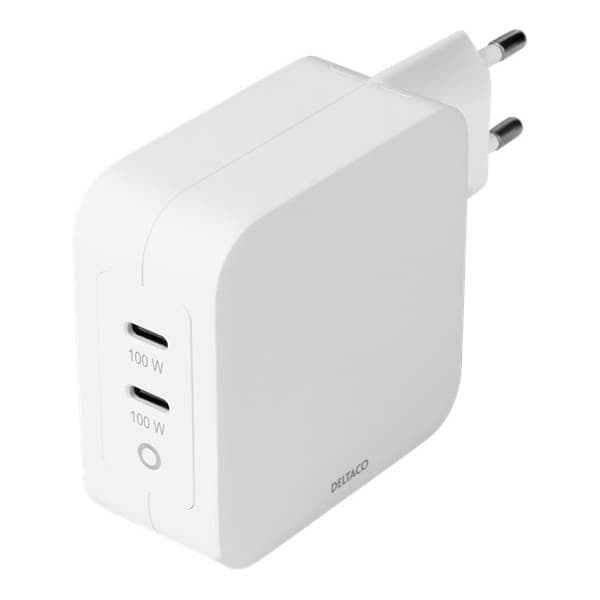 Deltaco USBC-GAN03 100 W -strømforsyning, USB-C PD, hvid