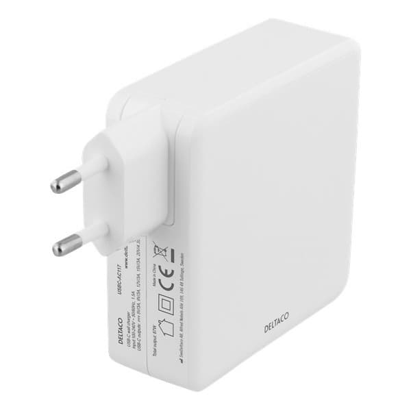 Deltaco USBC-AC117 87 W -strømforsyning, USB-C PD, hvid
