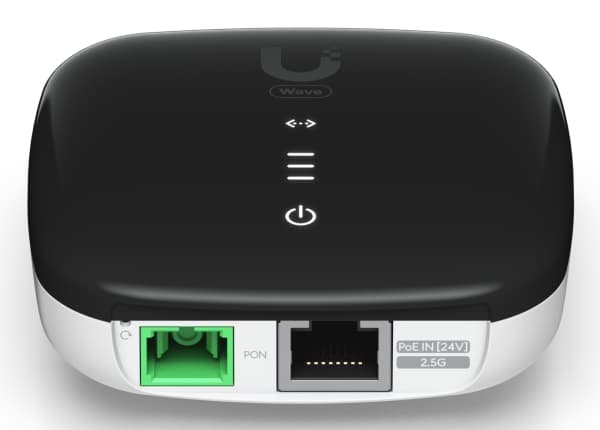 Ubiquiti WaveFiber ONU, svart, polykarbonat (PC), skrivebords-/veggmontering, LAN, strøm, status, 1000,2500 Mbit/s, 2488/1244 Mbit/s
